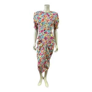 Vintage Just For Wraps California Abstract Watercolor Print Ruched Midi Dress